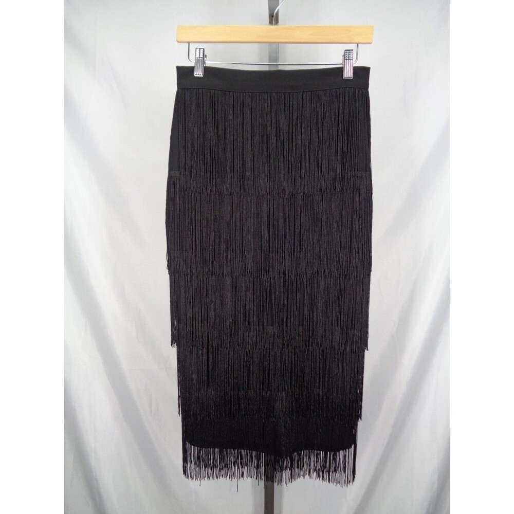 Aomei Black Fringe Pencil Skirt Size Large Flapper Midi High Waist Tiered